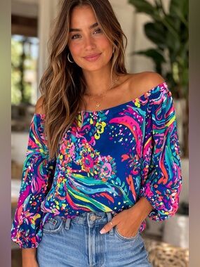 Lilly Pulitzer Off-Shoulder Adira Top in “Beach Loot”